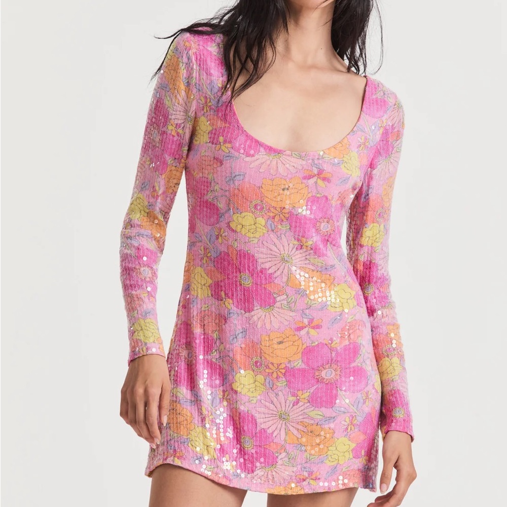 LoveShackFancy Pink Floral Long Sleeve Mini Dress